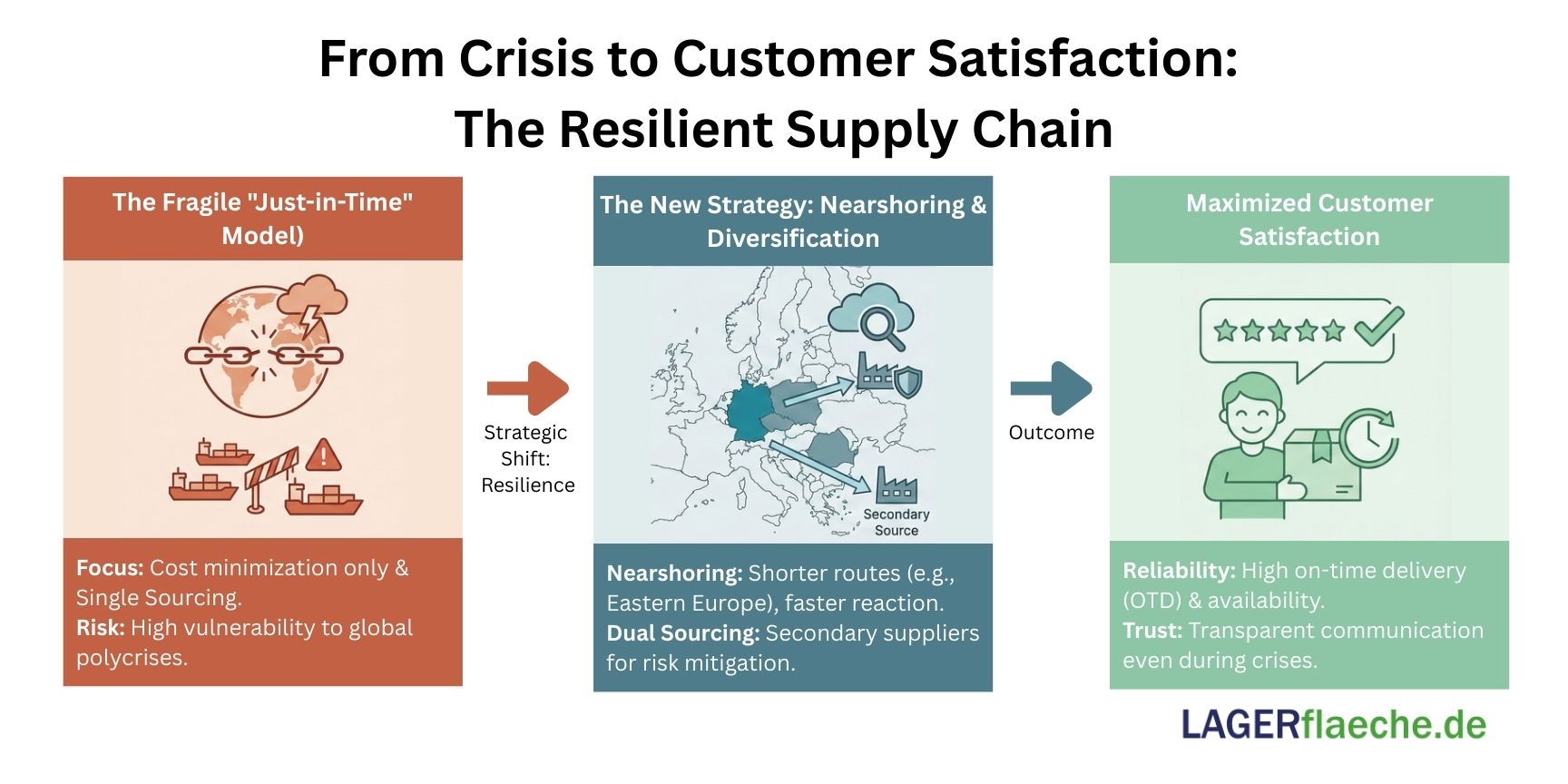 Three-stage infographic 'From Crisis to Customer Satisfaction'. Panel 1 (Left, Red): Depicts the fragile 'Just-in-Time' model with broken supply chains and global risks. Panel 2 (Center, Blue): Illustrates the 'Nearshoring & Diversification' strategy focusing on Europe and digital transparency. Panel 3 (Right, Green): Shows the outcome 'Maximized Customer Satisfaction' driven by high on-time delivery, symbolized by a customer with a 5-star rating.